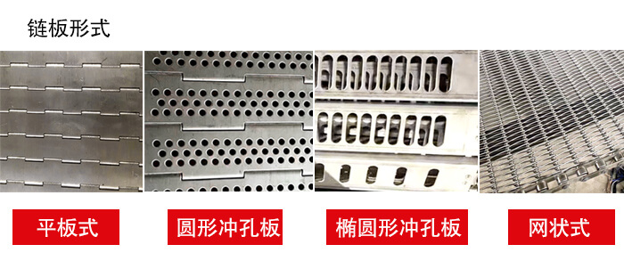 链板输送机链板的不同形式：平板式，圆形冲孔板，网状式等